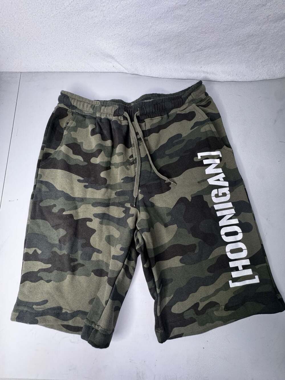 Hoonigan Sweat Shorts Size S Green Camo Logo Fleece